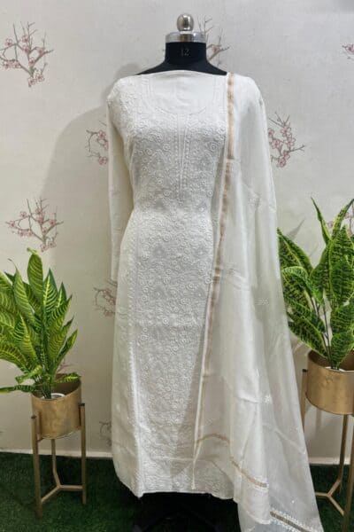 Unstitched Lucknow chikan suit piece for women
