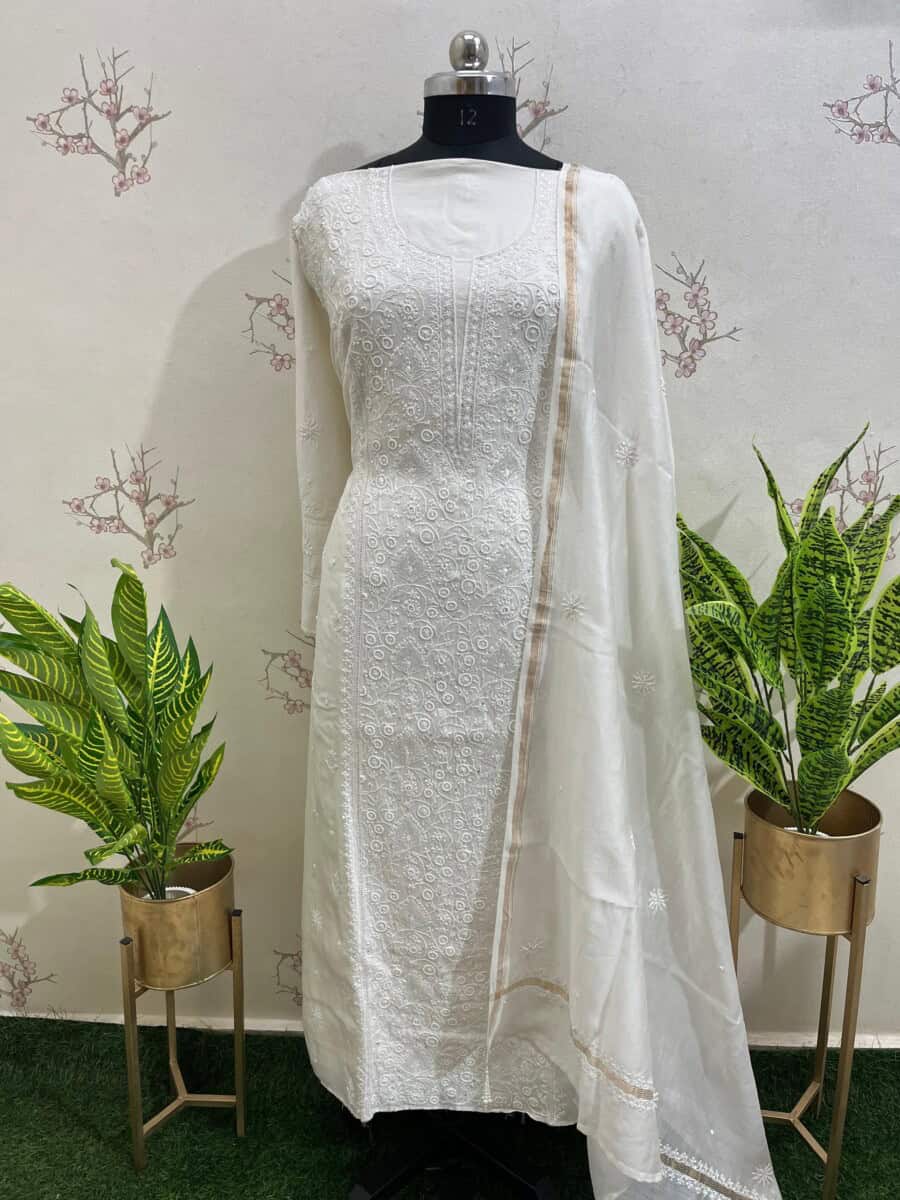 Unstitched Lucknow chikan suit piece for women
