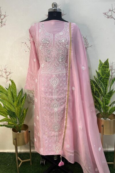 Lucknow chikankari suit piece hand embroidered set
