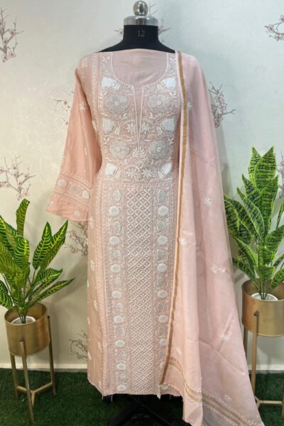 Chanderi suit piece with authentic Lucknowi chikan work
