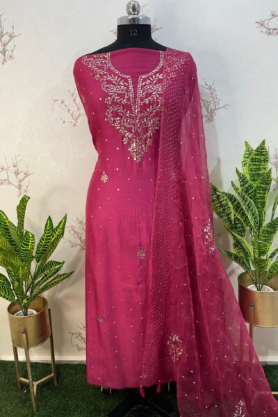 Designer Chanderi suit piece material with hand embroidery