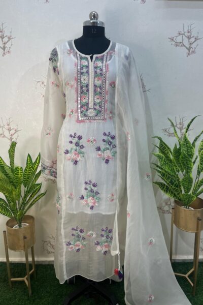 Pure Organza colour thread A line semi stitched two pieces set