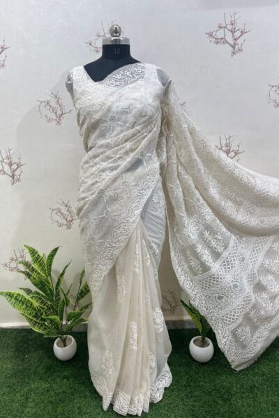 Festive Chikankari hand embroidered saree for occasions