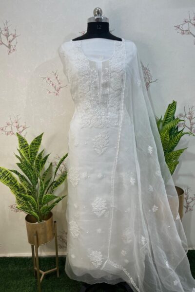 pure Organza fine pearl neck line Unstitched two pieces set