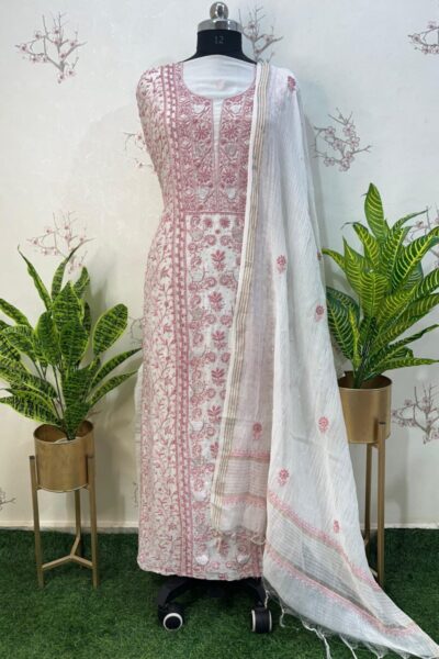 pure chanderi colour thread Unstitched two pieces set