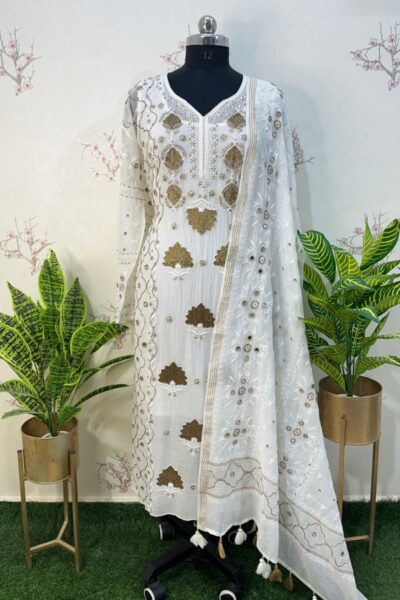 pure mulmul antique, cutdana with mirror semi stitched two piece set