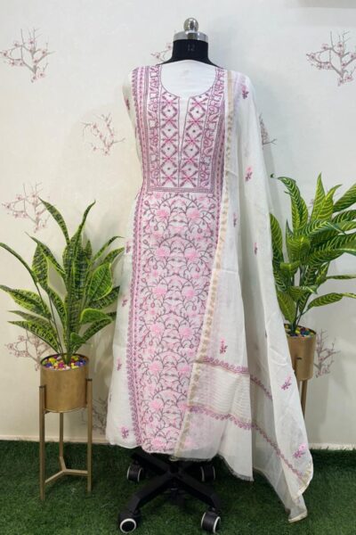 pure mulmul colour thread Unstitched two pieces set