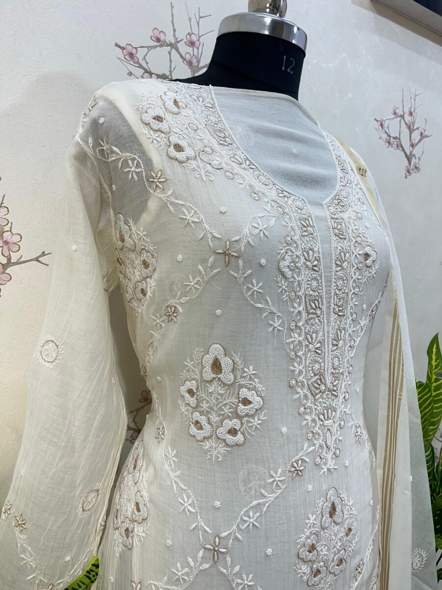 pure mulmul zari with addon semi stitched two piece set - Image 3