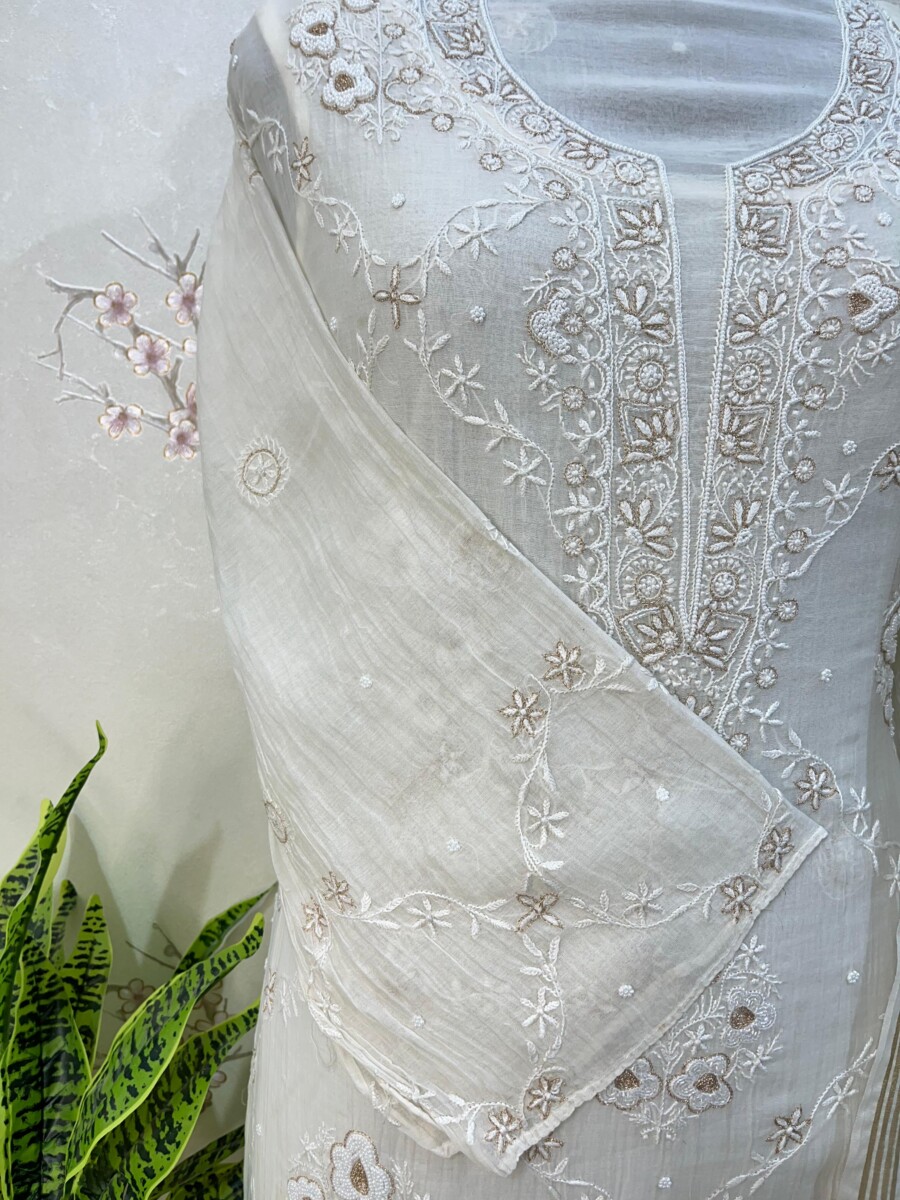 pure mulmul zari with addon semi stitched two piece set - Image 4