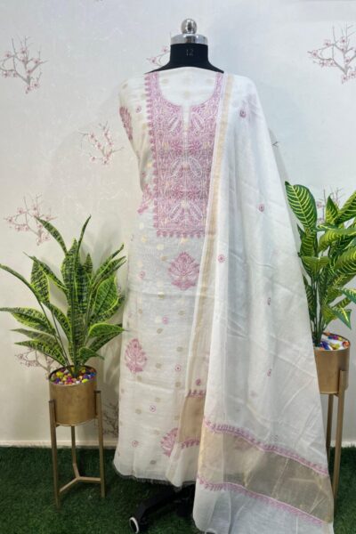 mulmul chanderi colour thread with Banarasi buti