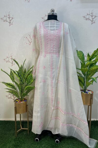 pure mulmul Anarkali colour thread chikankari