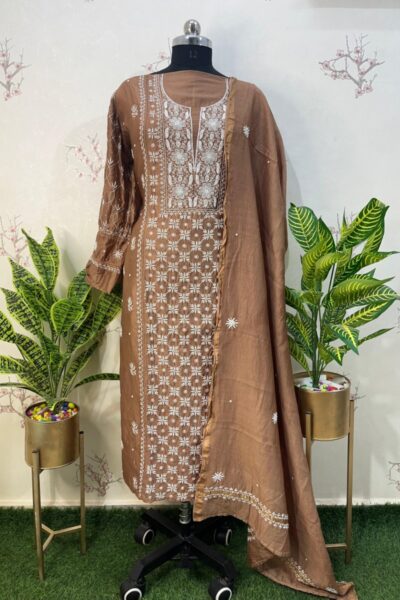Pure Chanderi semi stitched two piece set